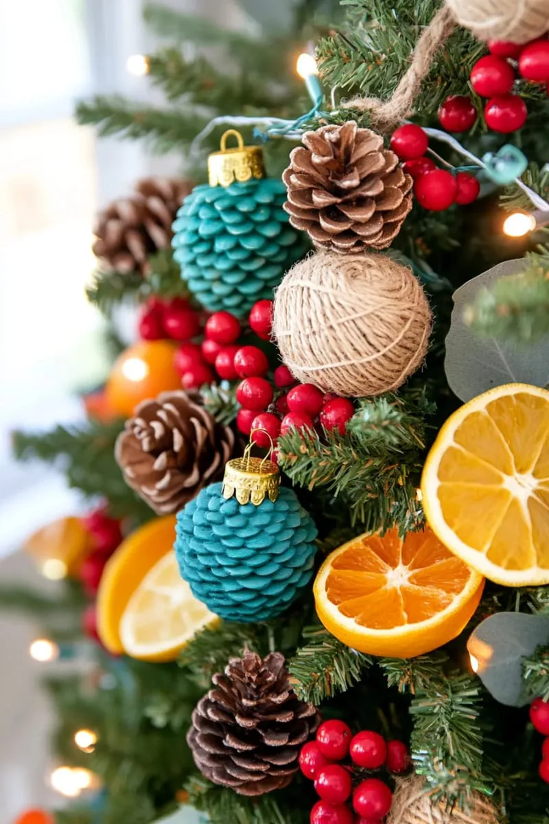 21 Whimsical Colorful Christmas Trees That Wow! 31 nature-inspired tree with painted pinecones and colorful dried citrus slices 1