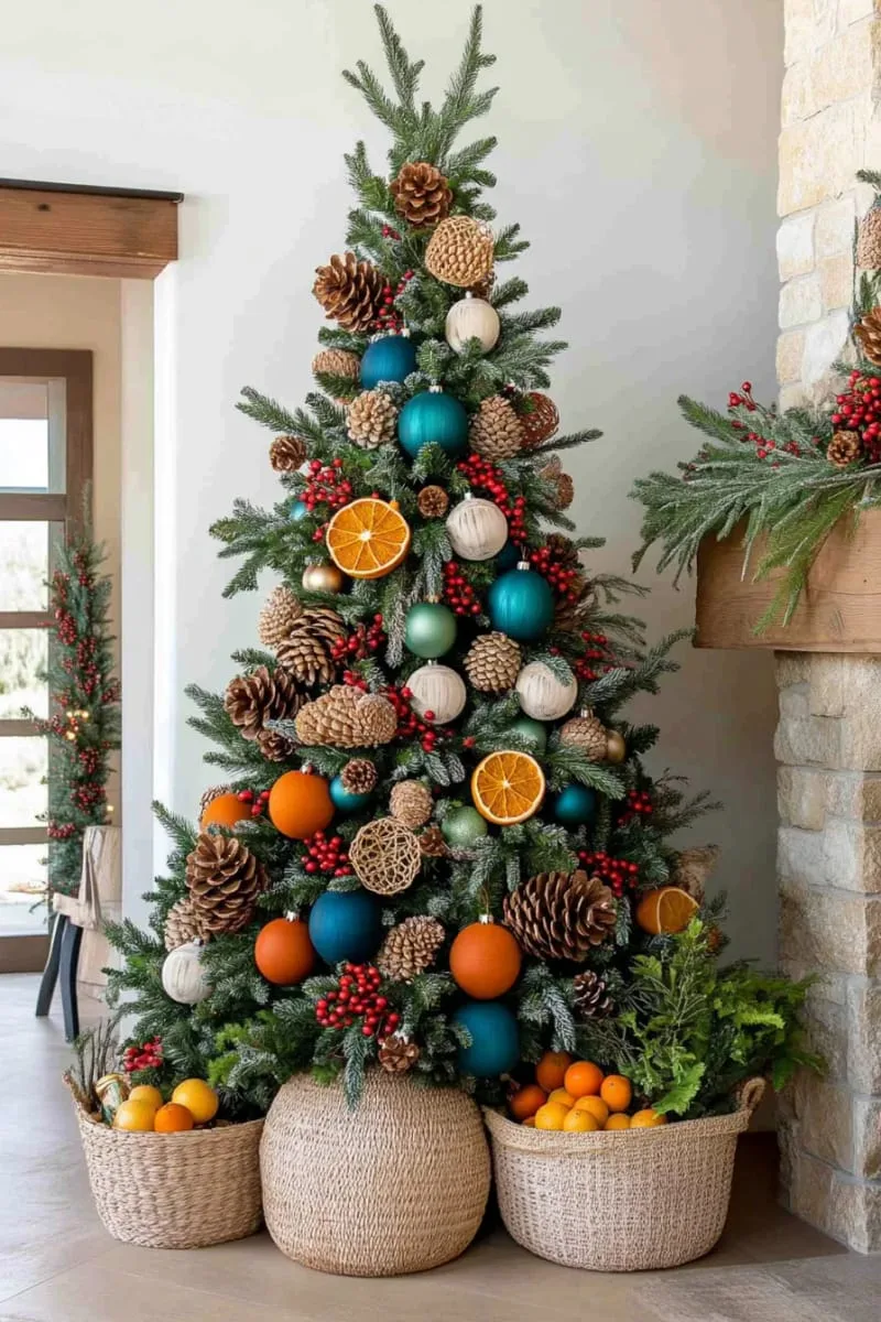 21 Whimsical Colorful Christmas Trees That Wow! 32 nature-inspired tree with painted pinecones and colorful dried citrus slices 1