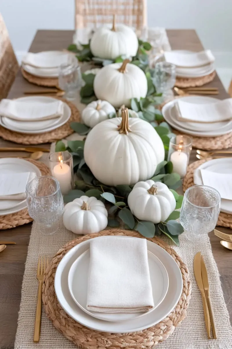 neutral and white pumpkin centerpiece with eucalyptus garland accents 1