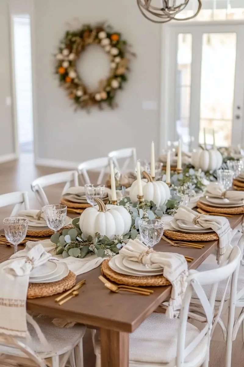 neutral and white pumpkin centerpiece with eucalyptus garland accents 1