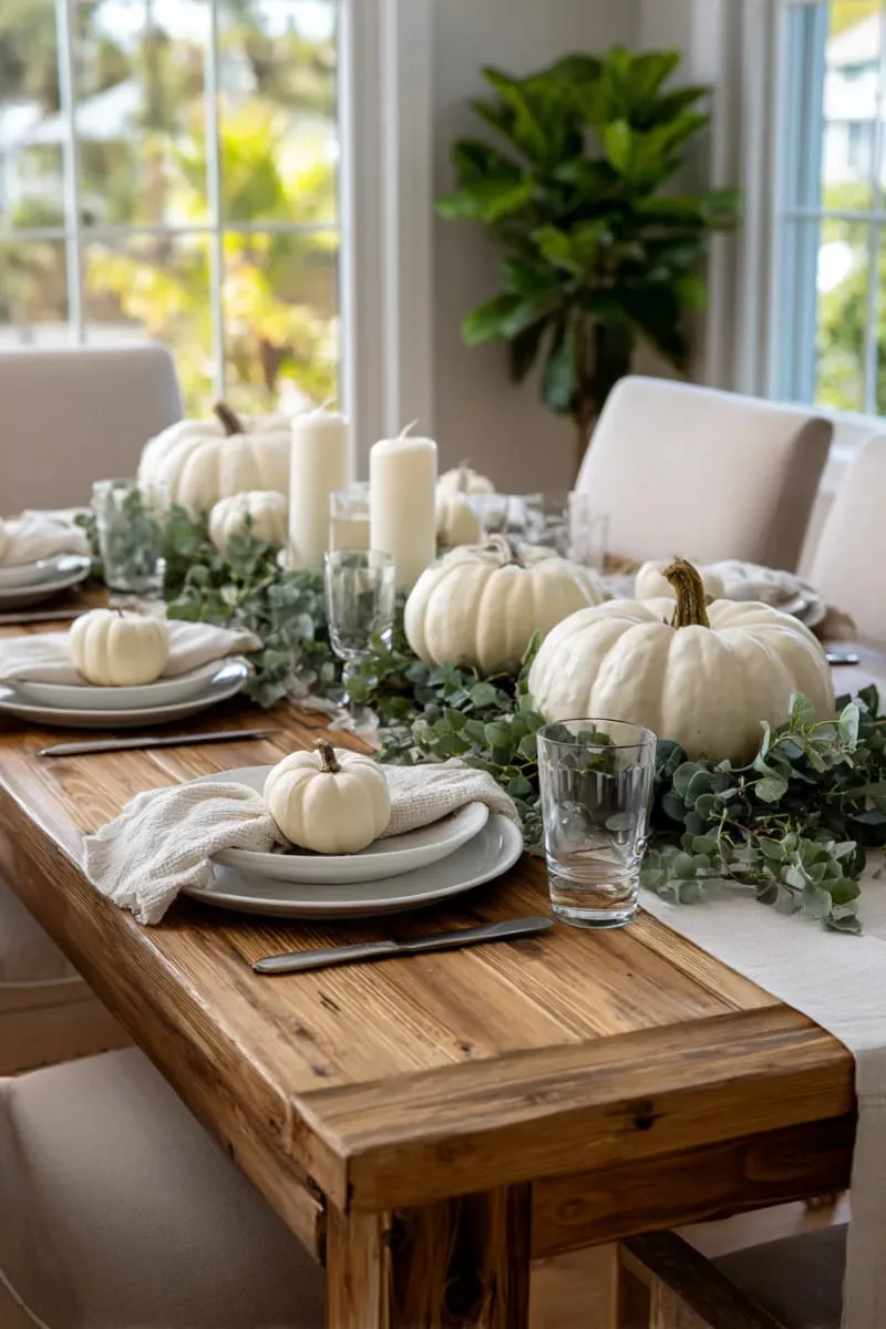 neutral and white pumpkin centerpiece with eucalyptus garland accents 1