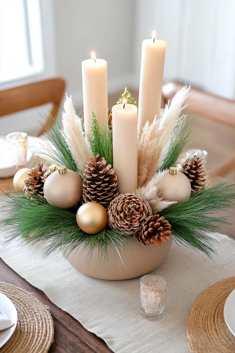 neutral centerpiece with pampas grass, pine, and beige candles 1