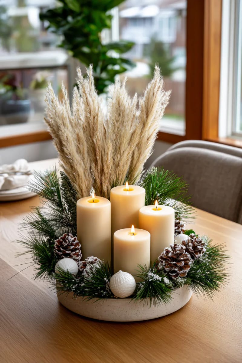 neutral centerpiece with pampas grass, pine, and beige candles 1