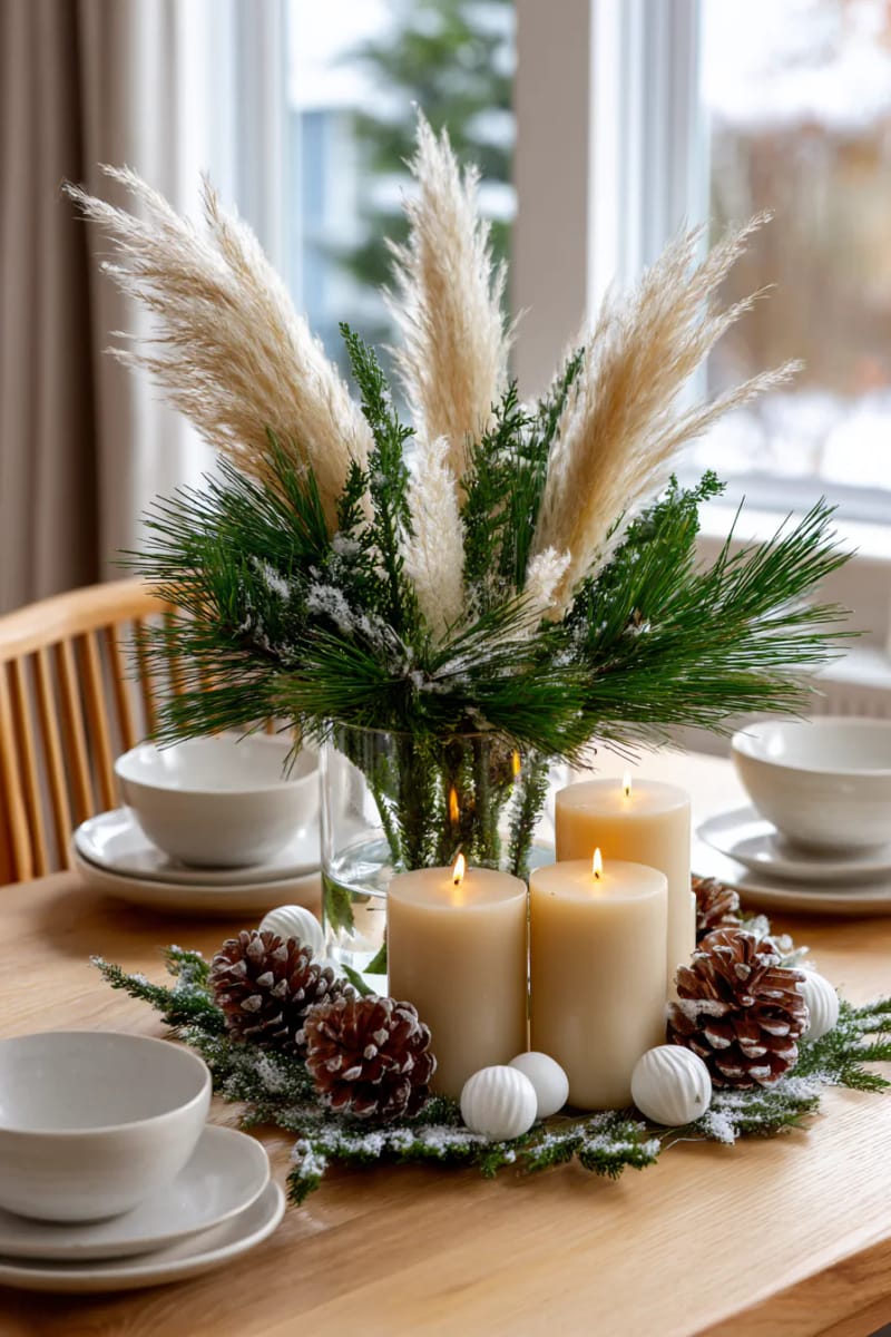 neutral centerpiece with pampas grass, pine, and beige candles 1