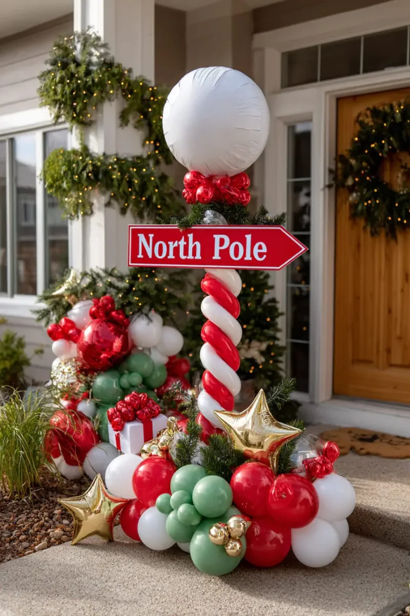 21 Christmas Balloon Decor Ideas for a Fun and Festive Holiday 42 north pole signpost made from striped balloons for whimsical entryway 1
