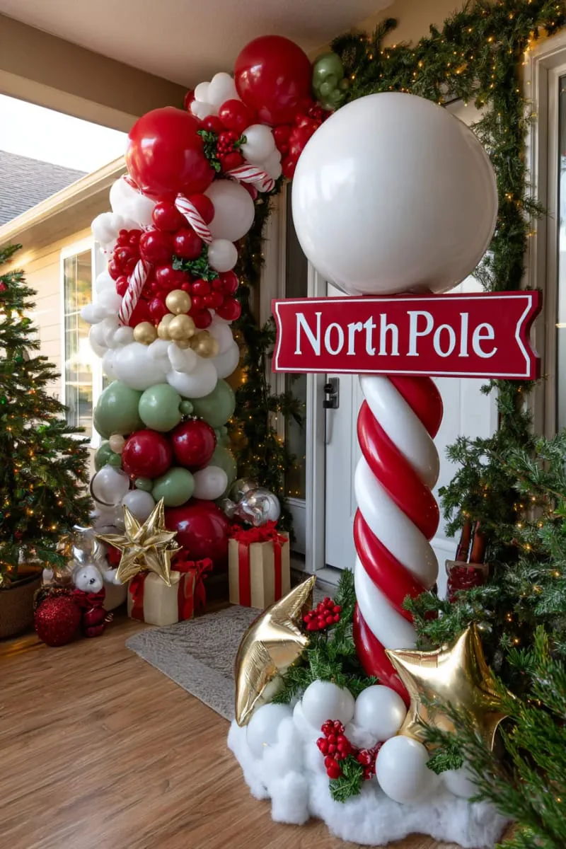21 Christmas Balloon Decor Ideas for a Fun and Festive Holiday 43 north pole signpost made from striped balloons for whimsical entryway 1