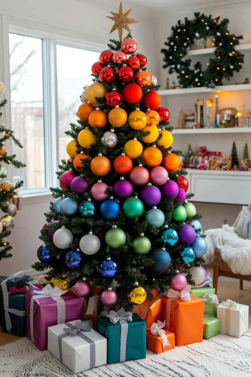 21 Whimsical Colorful Christmas Trees That Wow! 4 ombre rainbow christmas tree with color-fading ornaments and matching wrapped gifts 1