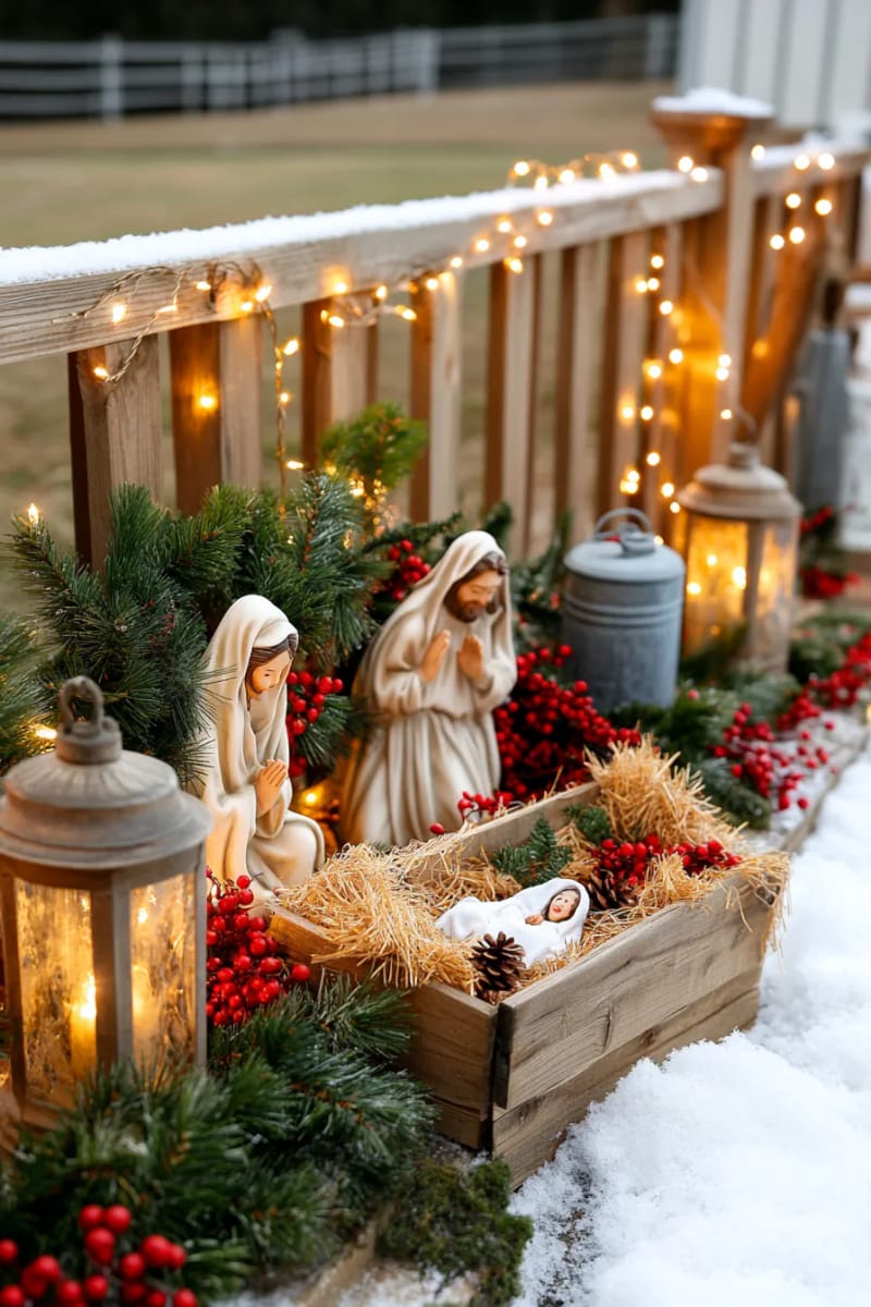 outdoor nativity scene framed by snowy fir trees and vintage milk cans 1