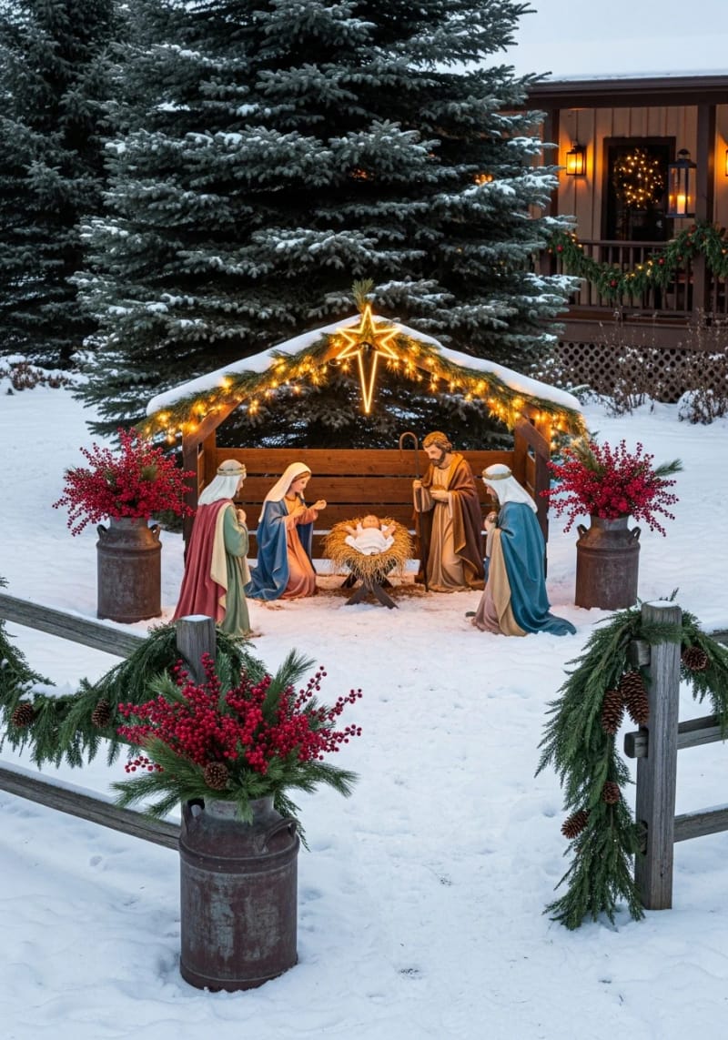 outdoor nativity scene framed by snowy fir trees and vintage milk cans 1