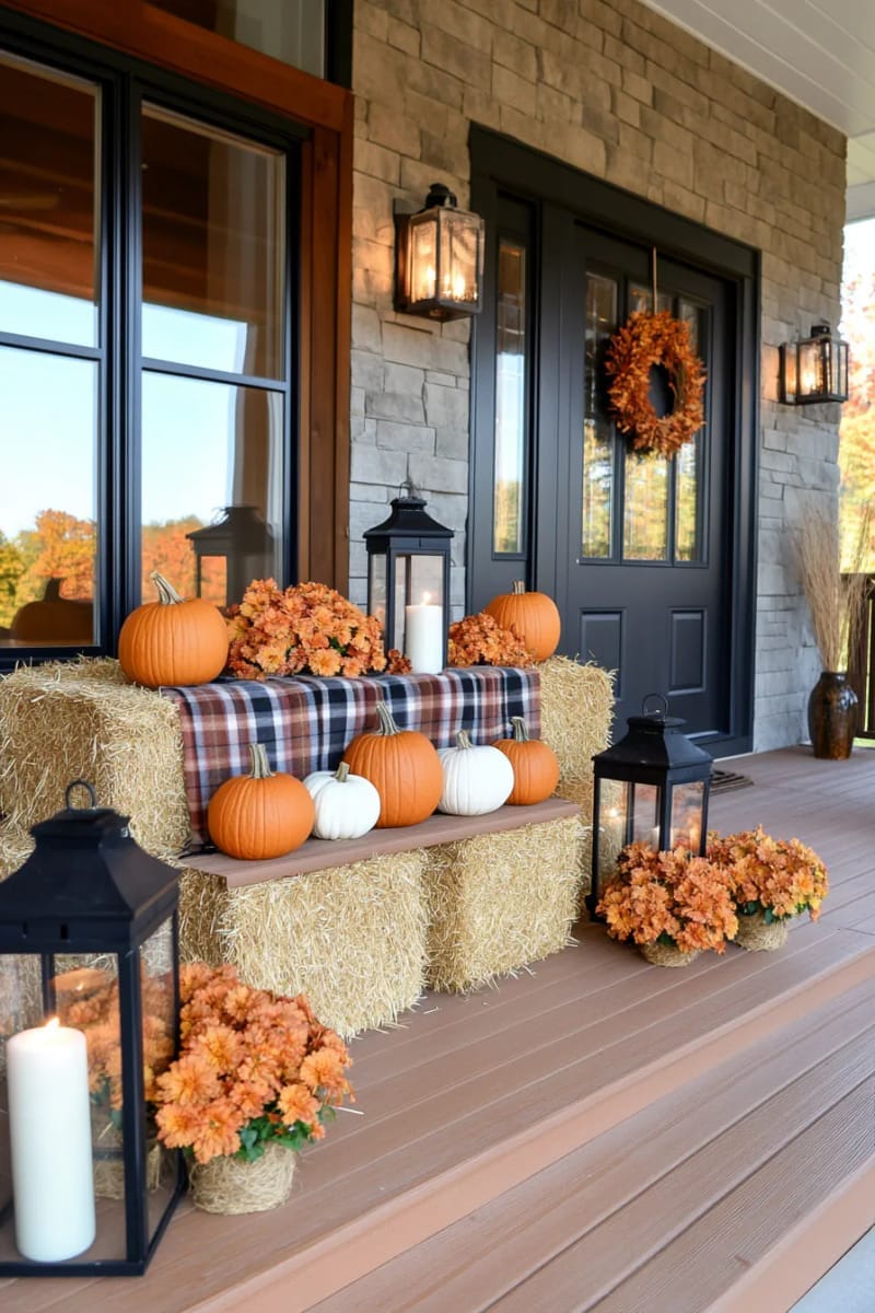 outdoor porch display with hay bales, pumpkins, and lantern stacks 1