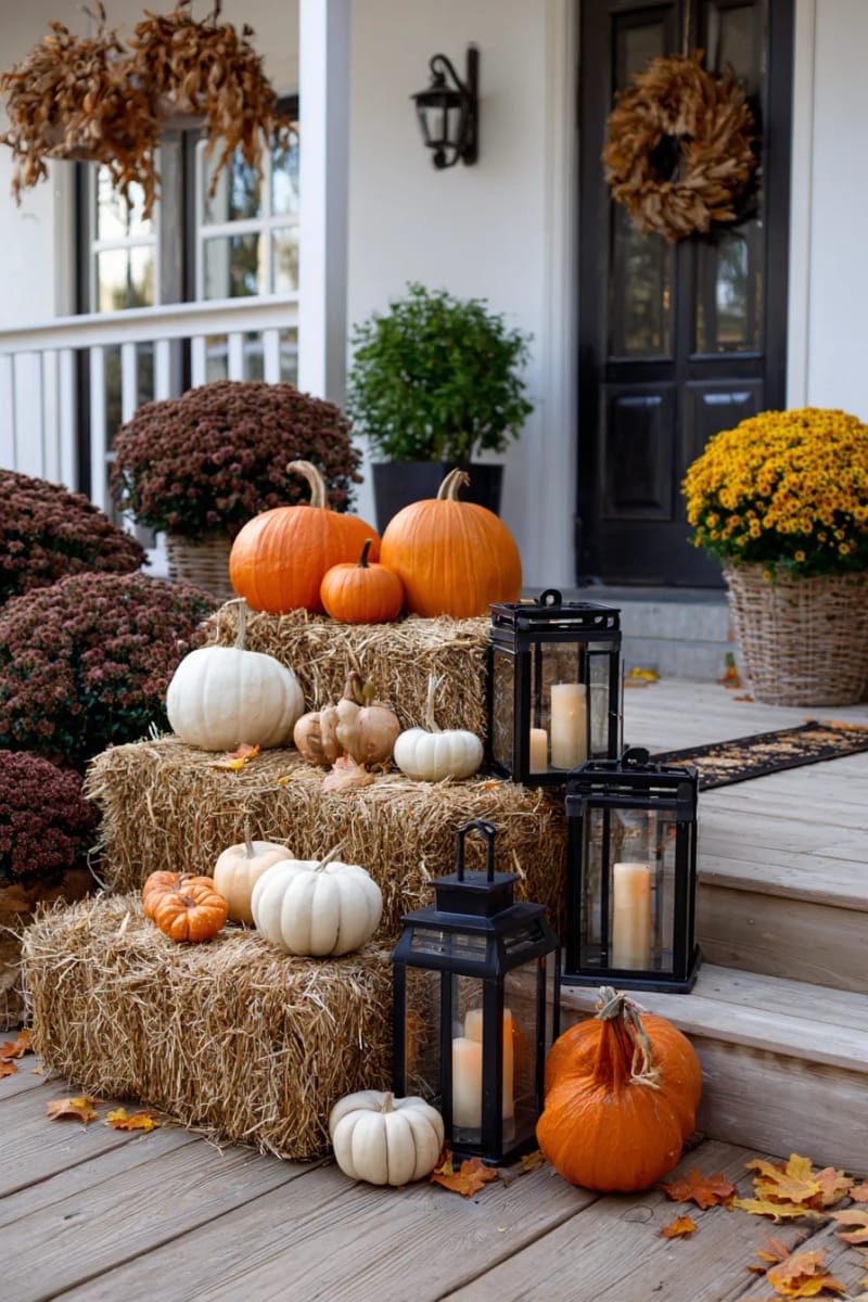 outdoor porch display with hay bales, pumpkins, and lantern stacks 1