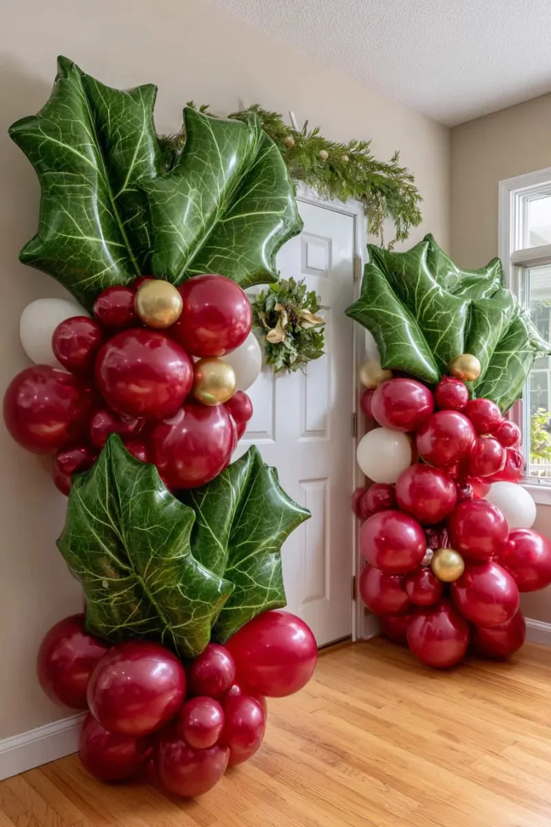 21 Christmas Balloon Decor Ideas for a Fun and Festive Holiday 34 oversized balloon holly leaves and berries for door or wall statement 1