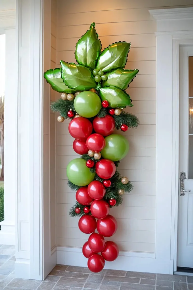 21 Christmas Balloon Decor Ideas for a Fun and Festive Holiday 35 oversized balloon holly leaves and berries for door or wall statement 1