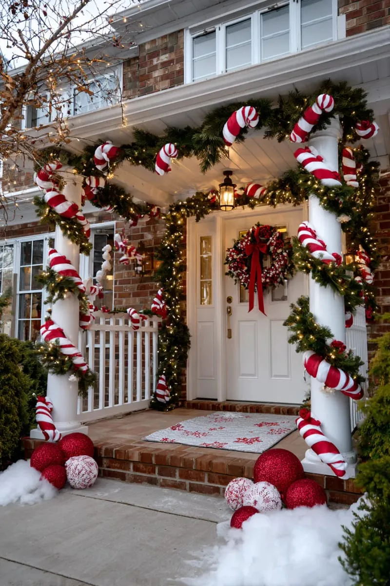 oversized candy cane garland wrapped around porch columns 1