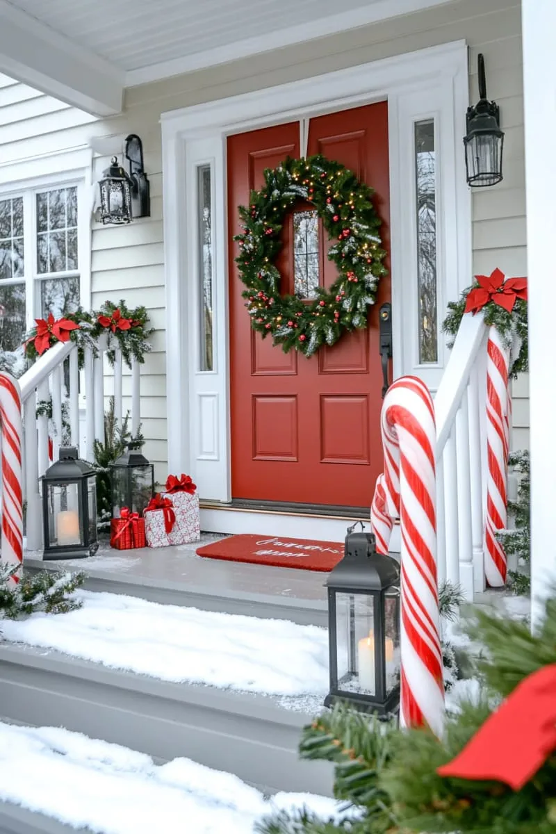 oversized candy cane garland wrapped around porch columns 1