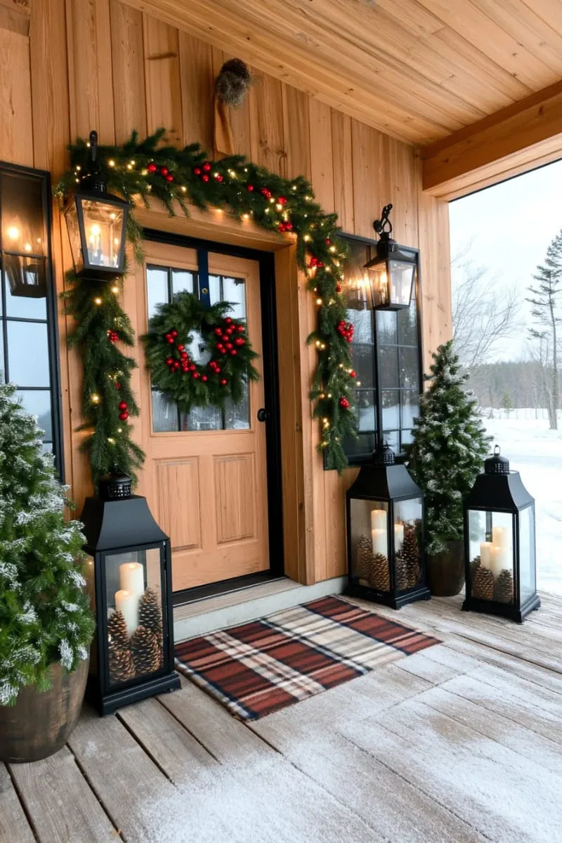 15 She Shed Christmas Decor Ideas For A Unique Winter Wonderland 15 oversized lanterns filled with pinecones and candles by the doorway 1