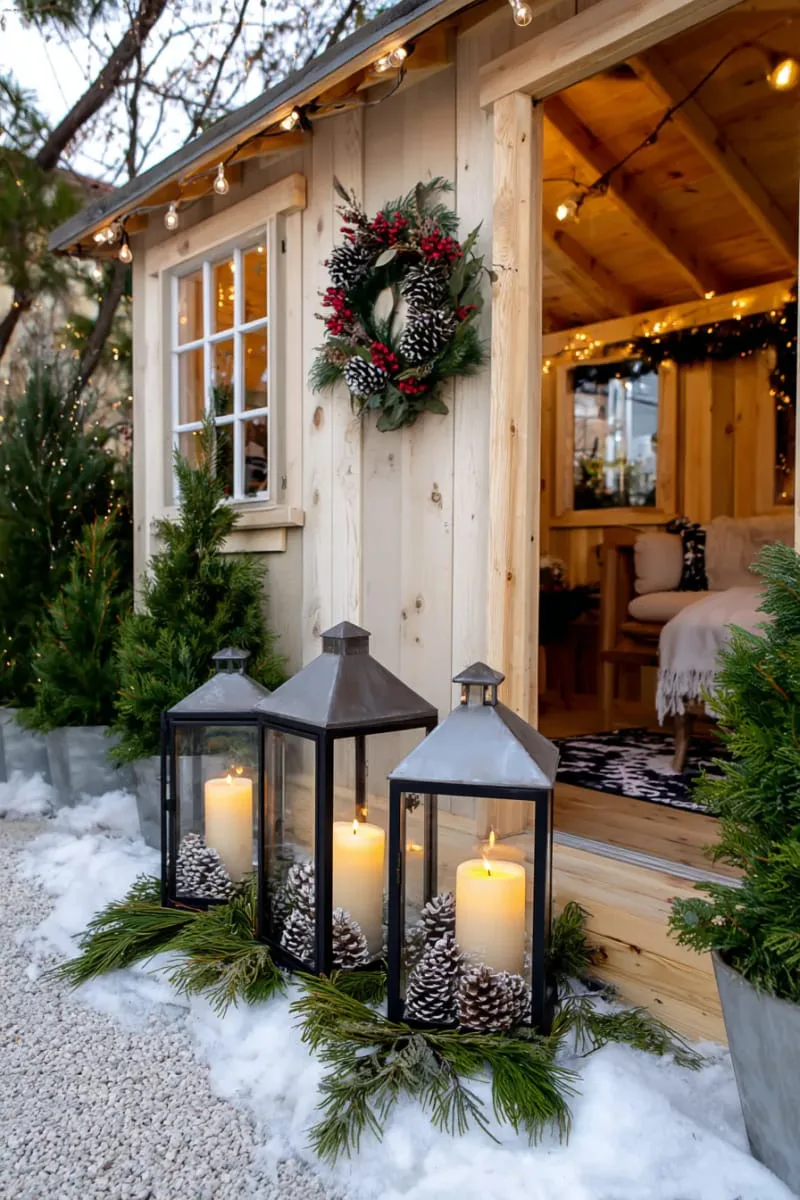 15 She Shed Christmas Decor Ideas For A Unique Winter Wonderland 16 oversized lanterns filled with pinecones and candles by the doorway 1