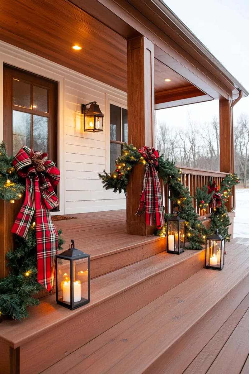 oversized plaid bows on ranch-style porch columns with rustic lanterns 1