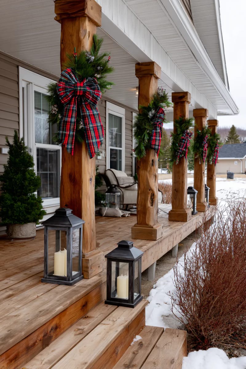 oversized plaid bows on ranch-style porch columns with rustic lanterns 1
