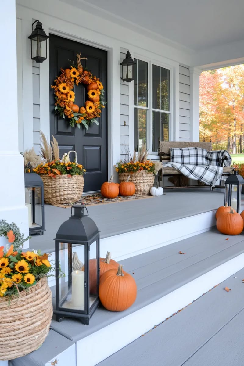 oversized pumpkin and sunflower wreath with natural twigs 1