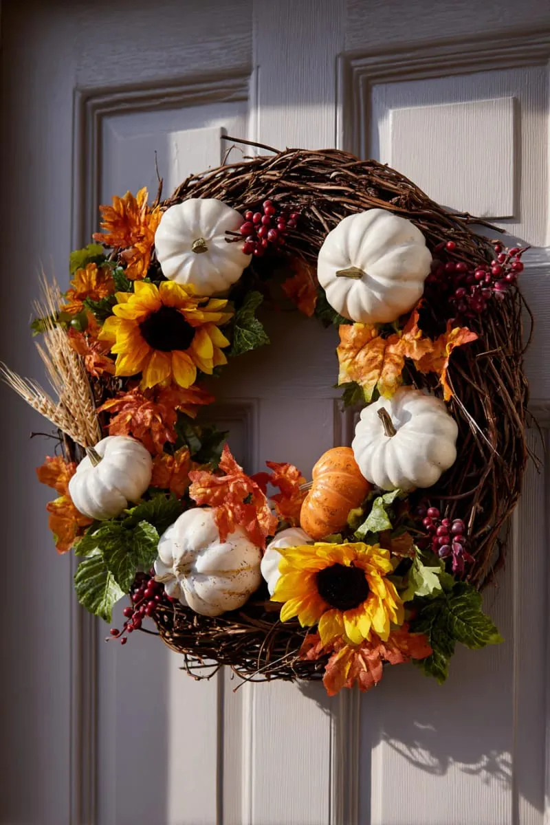 oversized pumpkin and sunflower wreath with natural twigs 1
