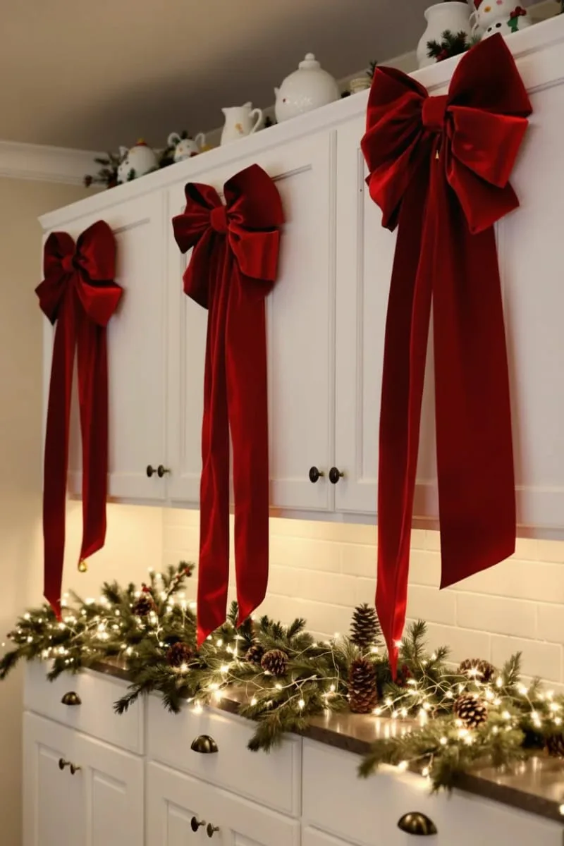 oversized red velvet bows with trailing ribbons on each cabinet door 1