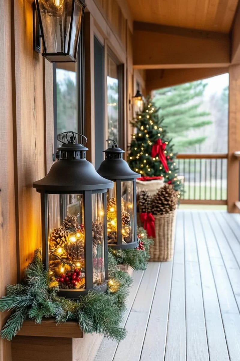 oversized rustic lanterns filled with twinkling string lights and pinecones 1