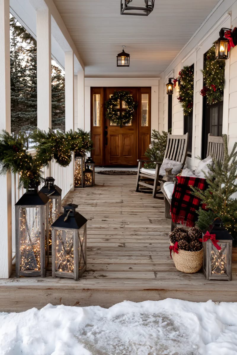 oversized rustic lanterns filled with twinkling string lights and pinecones 1