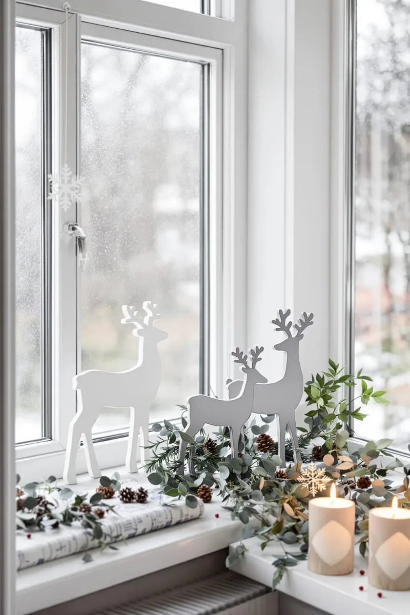 painted wooden reindeer silhouettes standing on windowsills 1