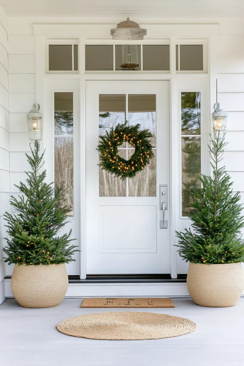 pair of potted mini evergreens in neutral planters flanking the entryway 1