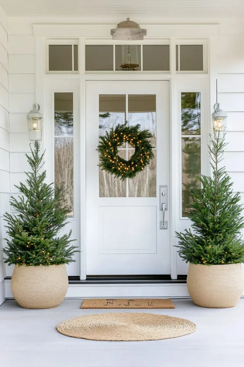 pair of potted mini evergreens in neutral planters flanking the entryway 1
