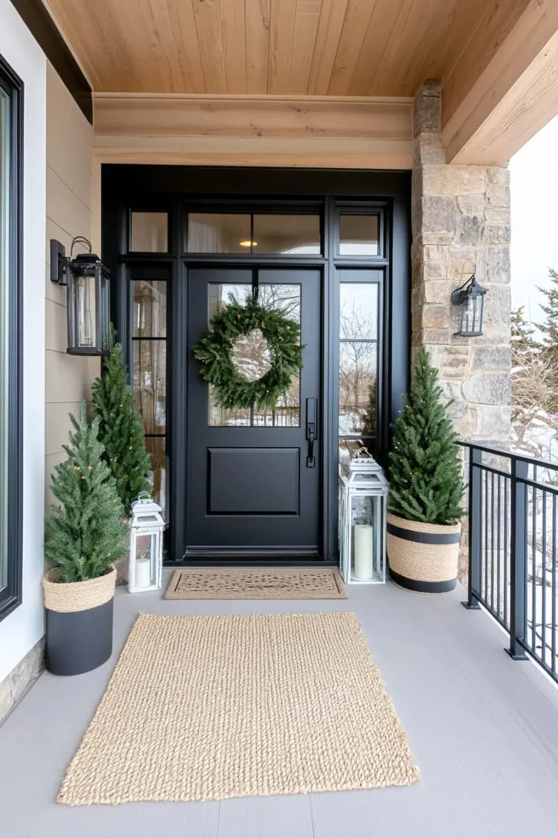 pair of potted mini evergreens in neutral planters flanking the entryway 1