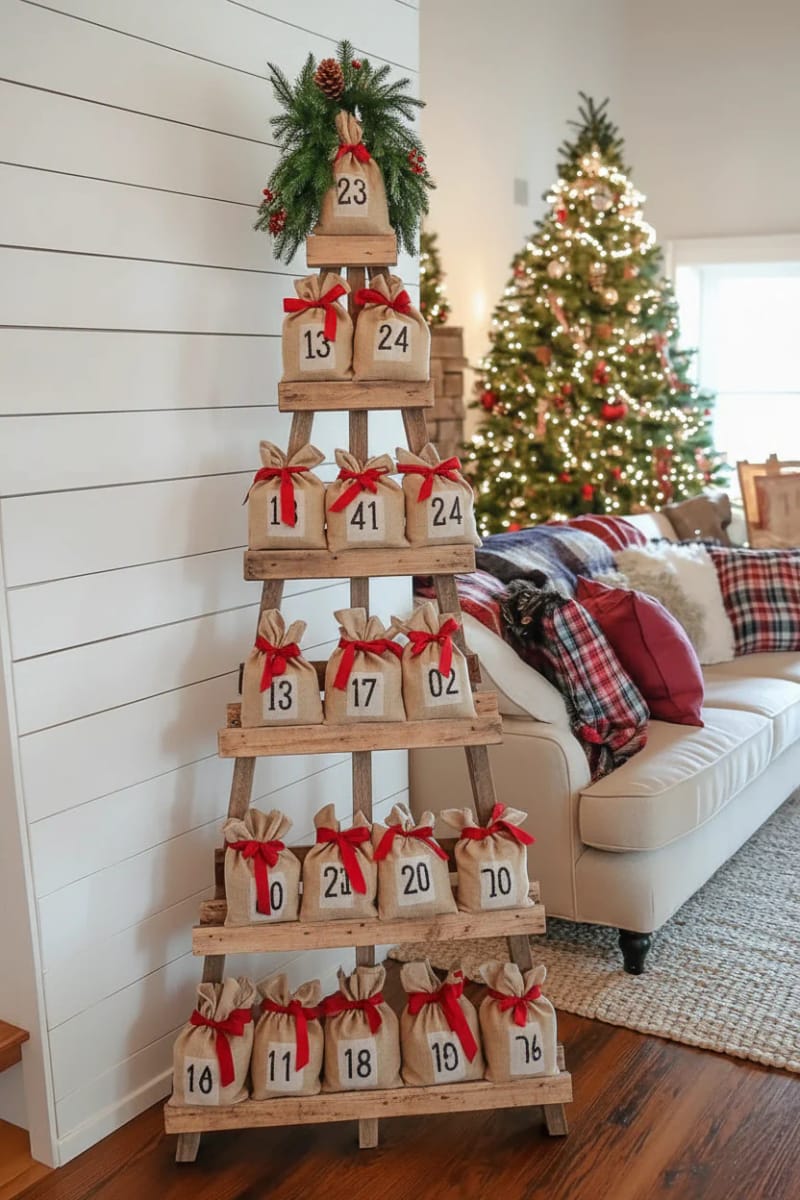 21 Creative Pallet Christmas Decor Ideas for 2025 28 pallet wood advent calendar tree with numbered burlap gift bags 1