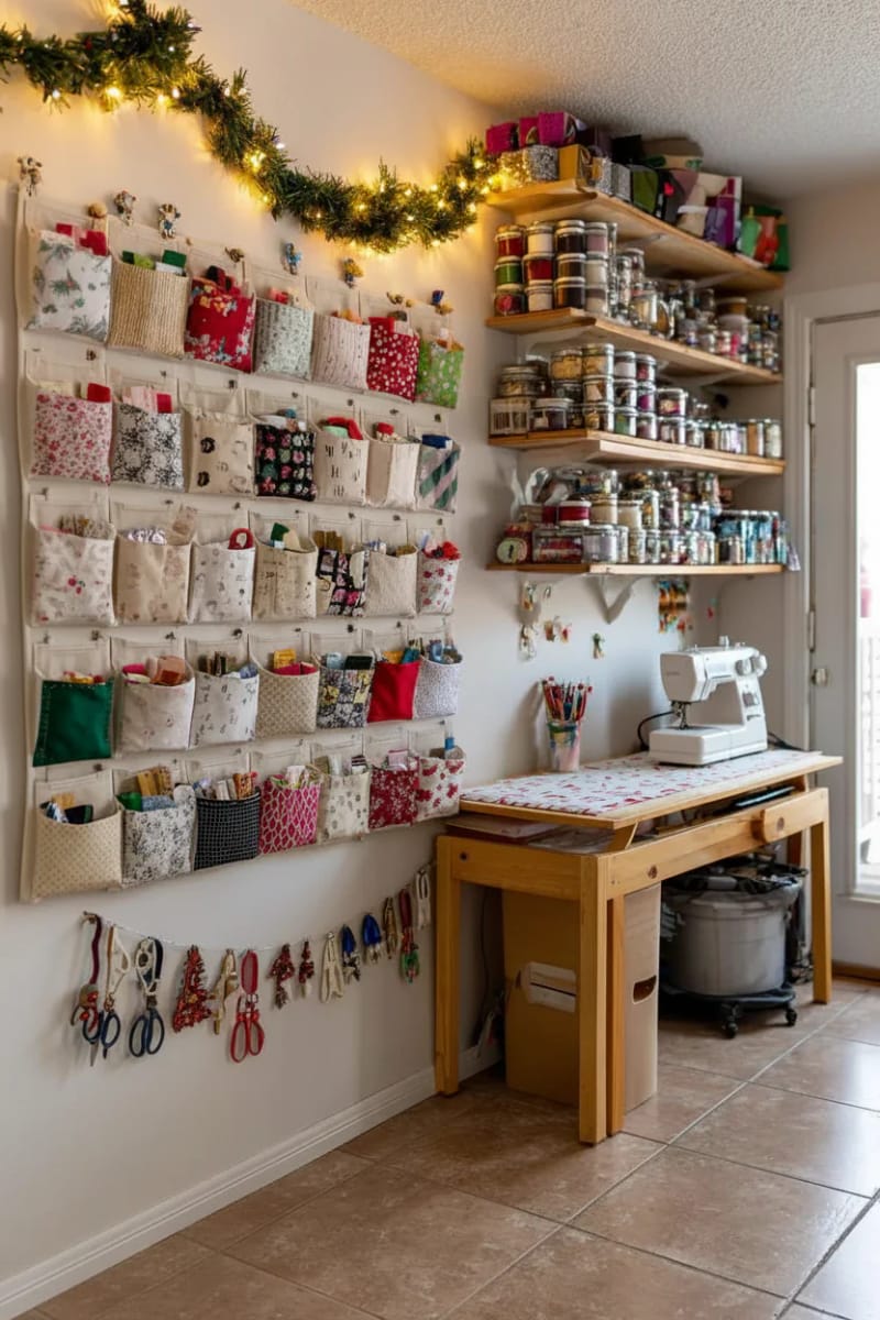 patchwork advent calendar pockets filled with fabric scraps and notions 1