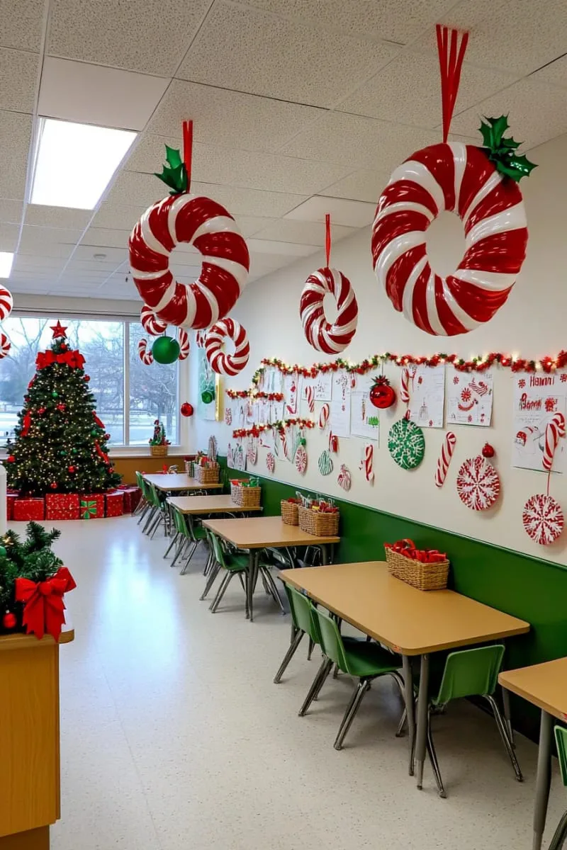 21 Festive Classroom Christmas Decor Ideas for a Joyful Season 93 peppermint swirl wreaths made from twisted paper plates 1