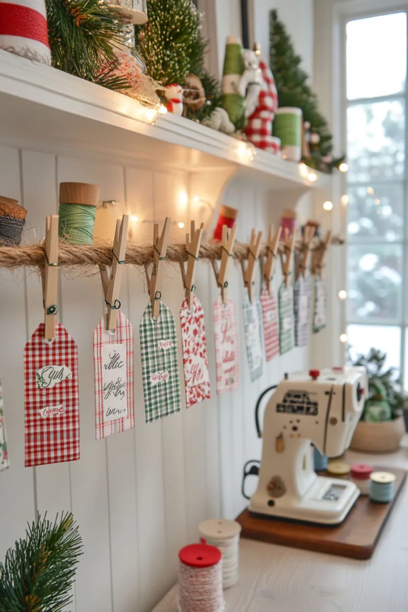 personalized fabric gift tags clipped to a twine line with mini clothespins 1