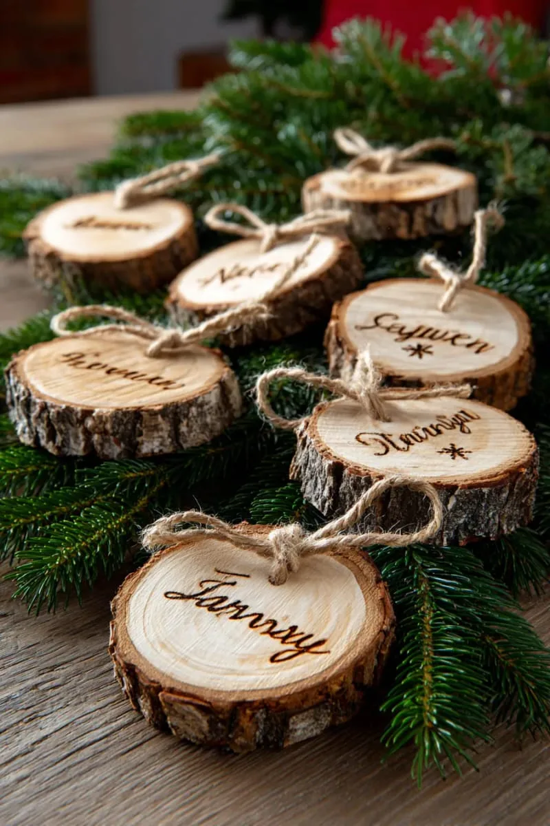 personalized pyrography name ornaments on round wood slices with evergreen sprigs 1