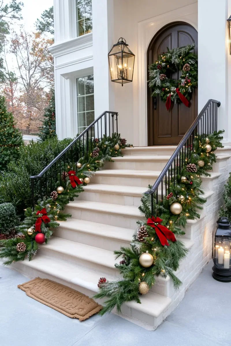 pine garland staircase wrapped in twinkling warm white lights 1