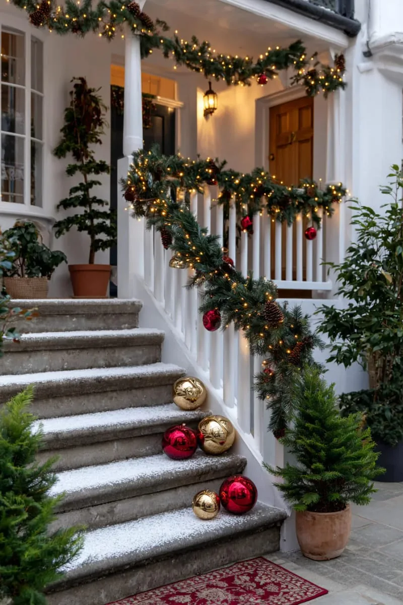 pine garland staircase wrapped in twinkling warm white lights 1