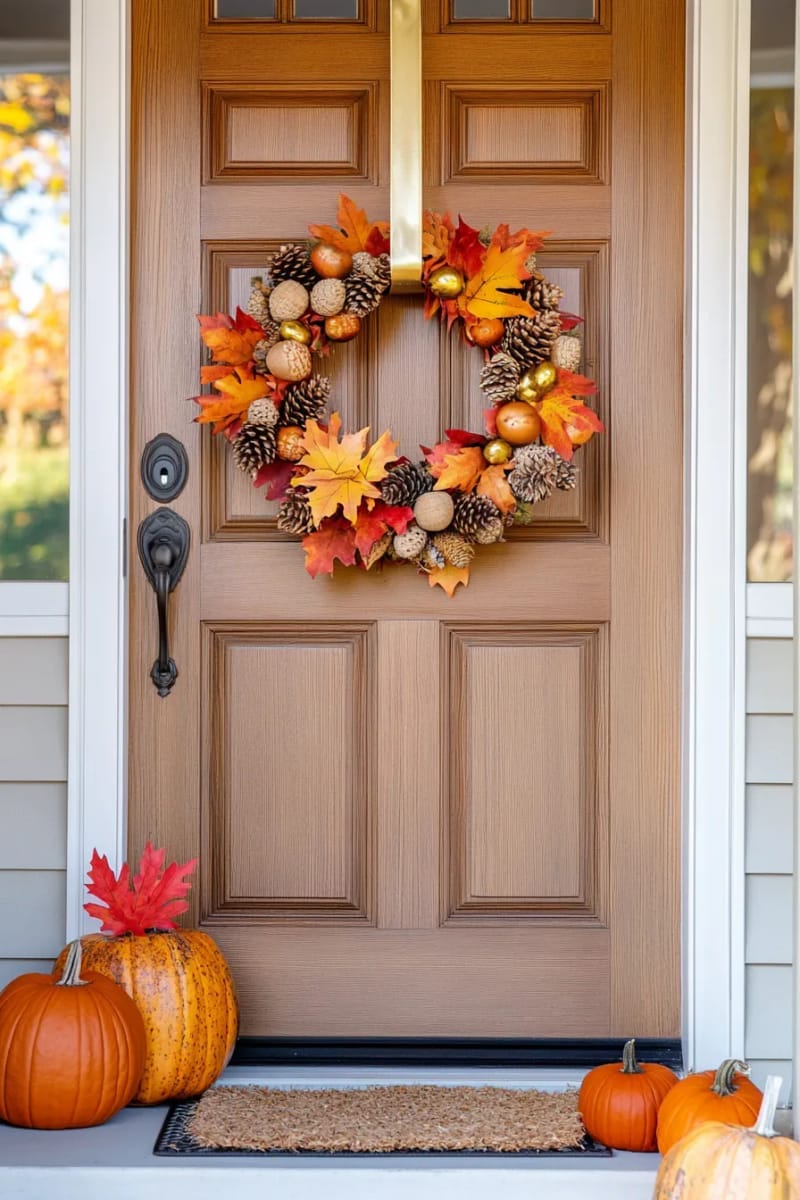 pinecone and acorn wreath with golden accents for the front door 1