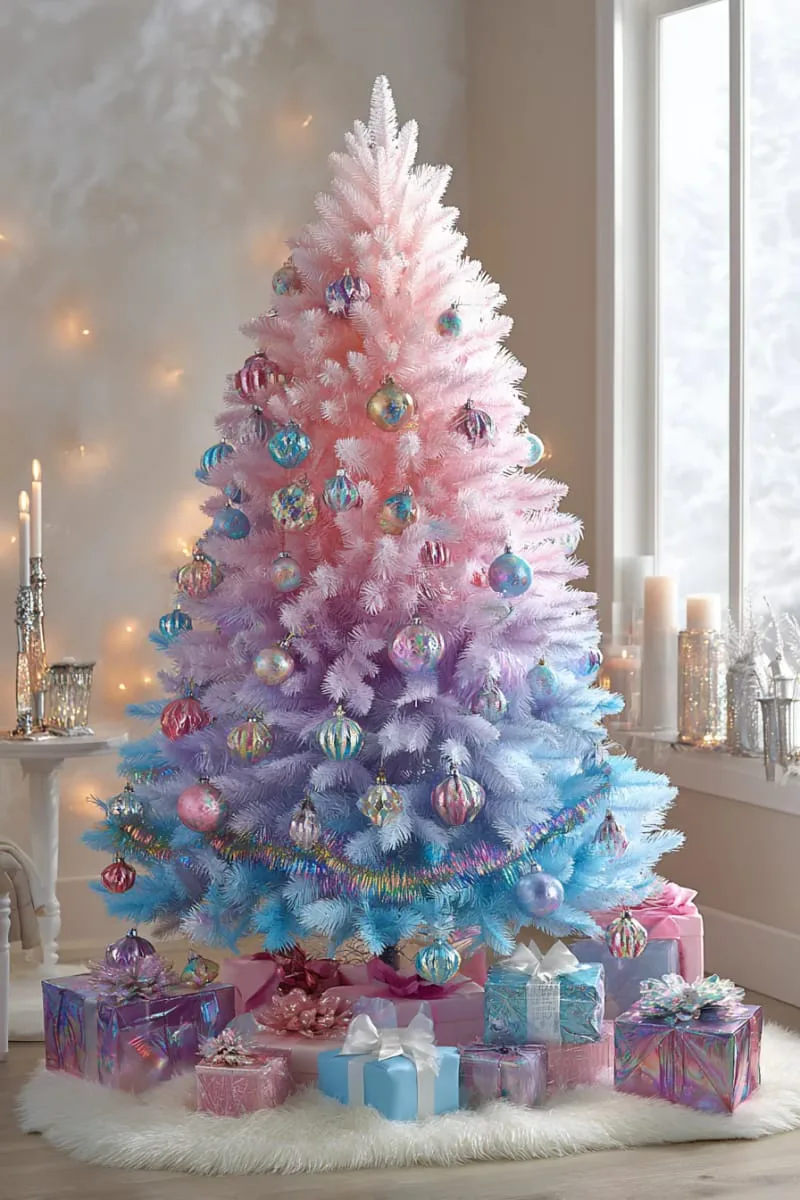 pink and blue ombré tree with iridescent ornaments and tinsel 1