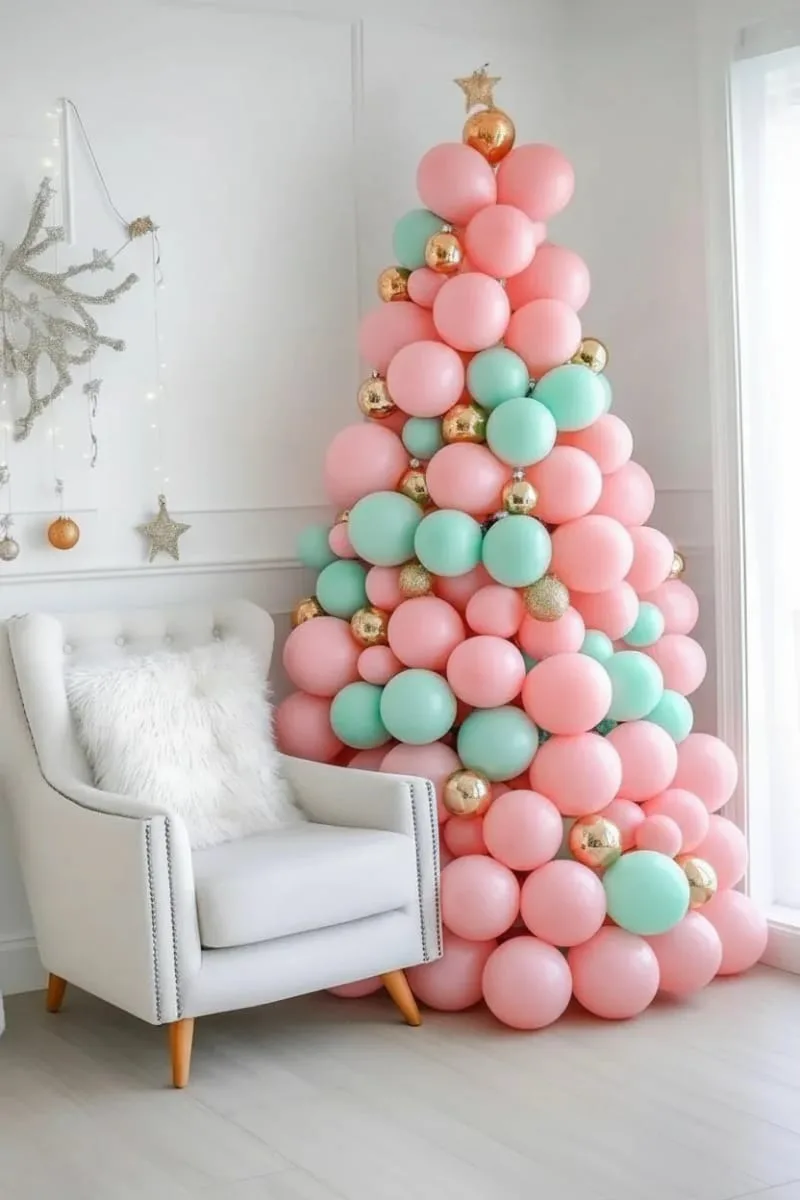 21 Christmas Balloon Decor Ideas for a Fun and Festive Holiday 24 pink and mint balloon tree for a modern, pretty color pop twist 1