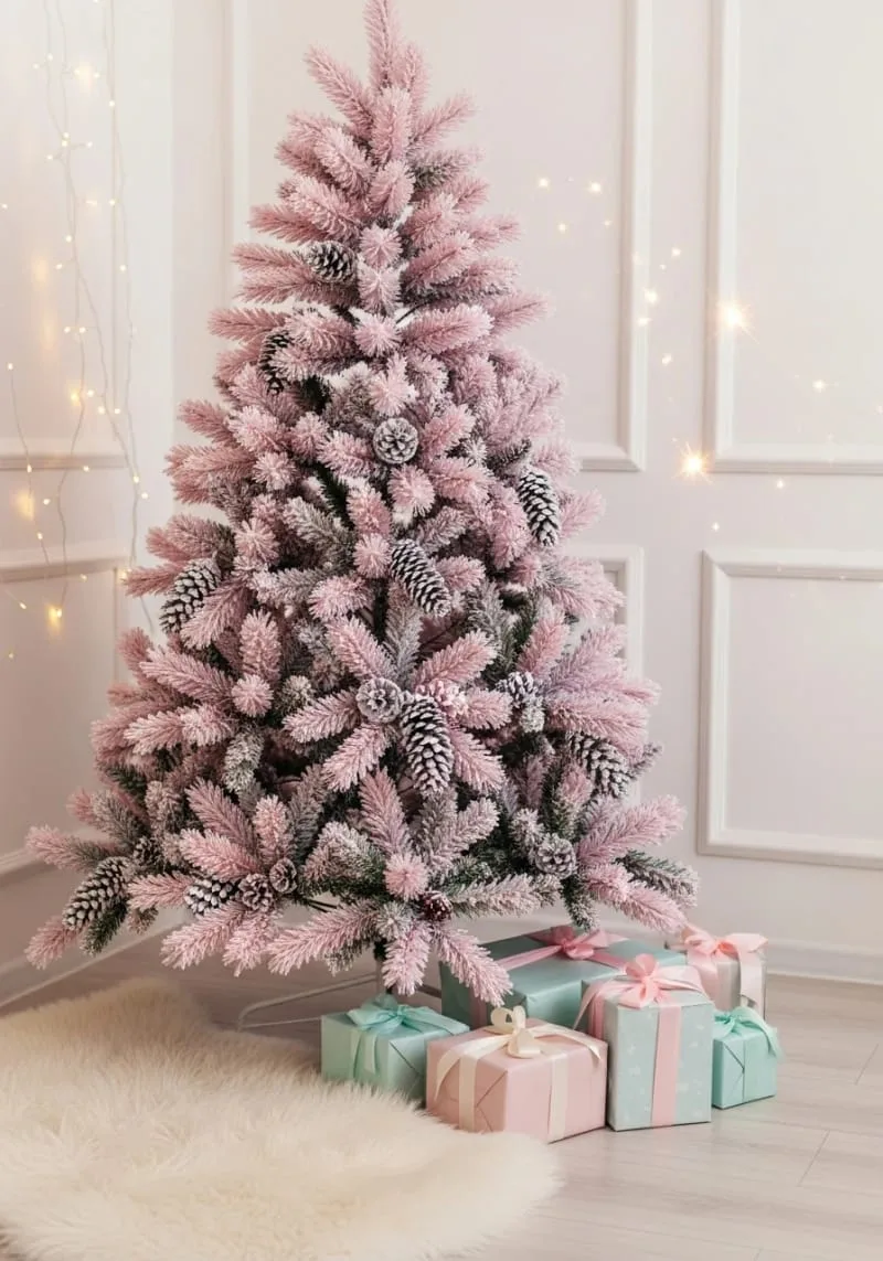 pink and white christmas tree with snow-dusted branches and frosted pinecones 1