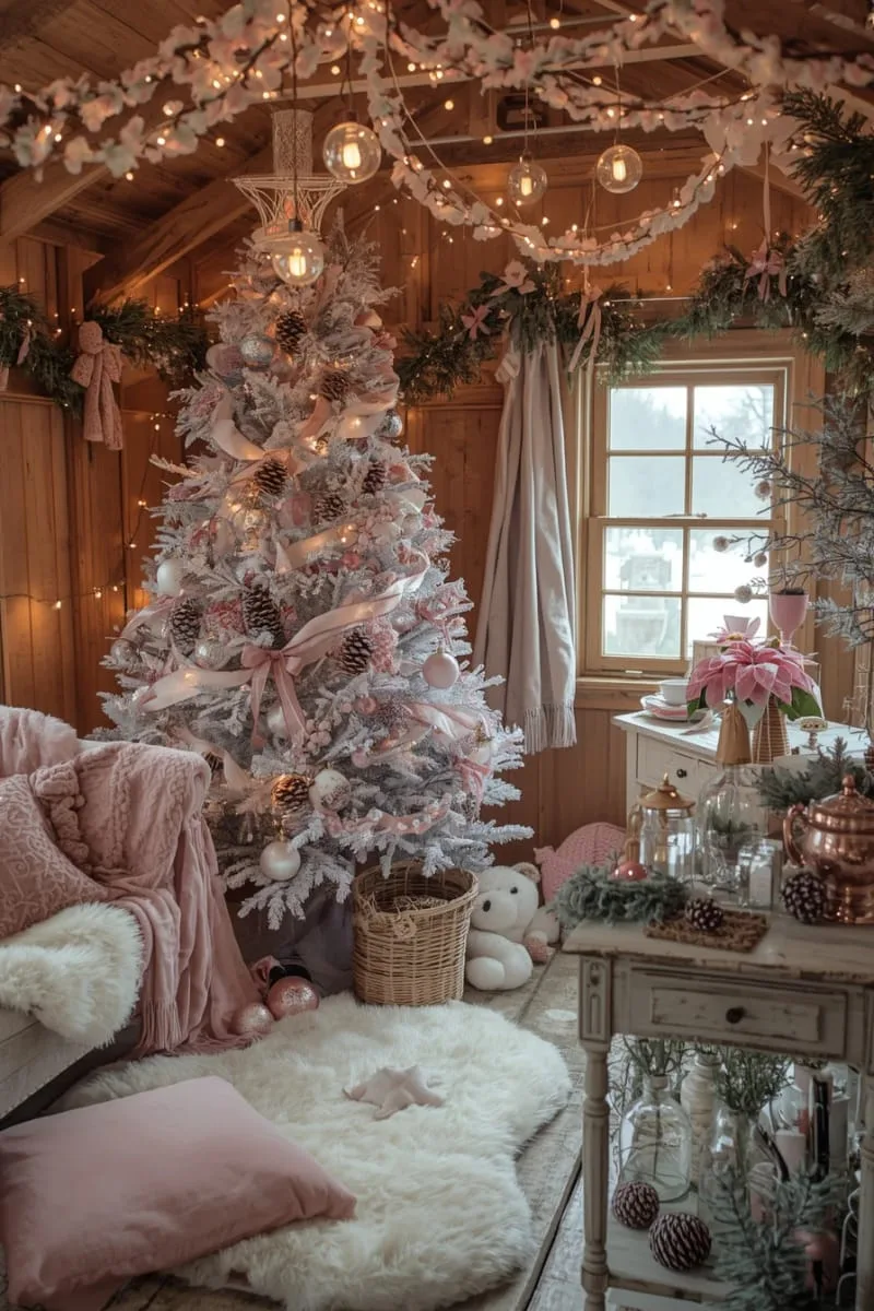 pink and white christmas tree with snow-dusted branches and frosted pinecones 1