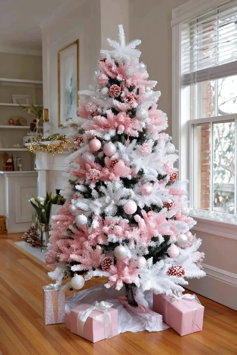 pink and white christmas tree with snow-dusted branches and frosted pinecones 1