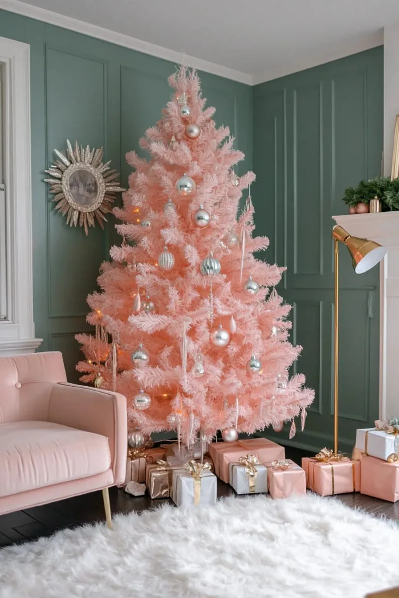 pink christmas tree decorated entirely with vintage glass ornaments 1