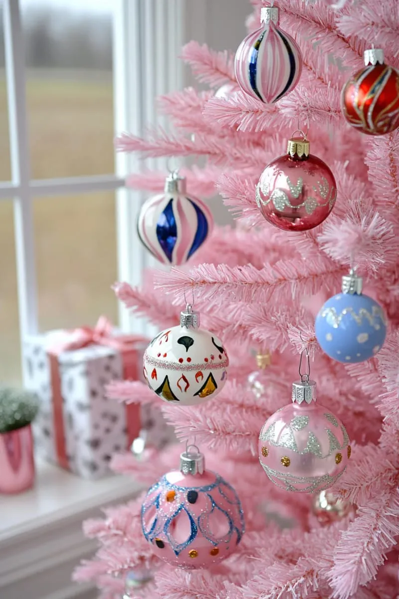 pink christmas tree decorated entirely with vintage glass ornaments 1