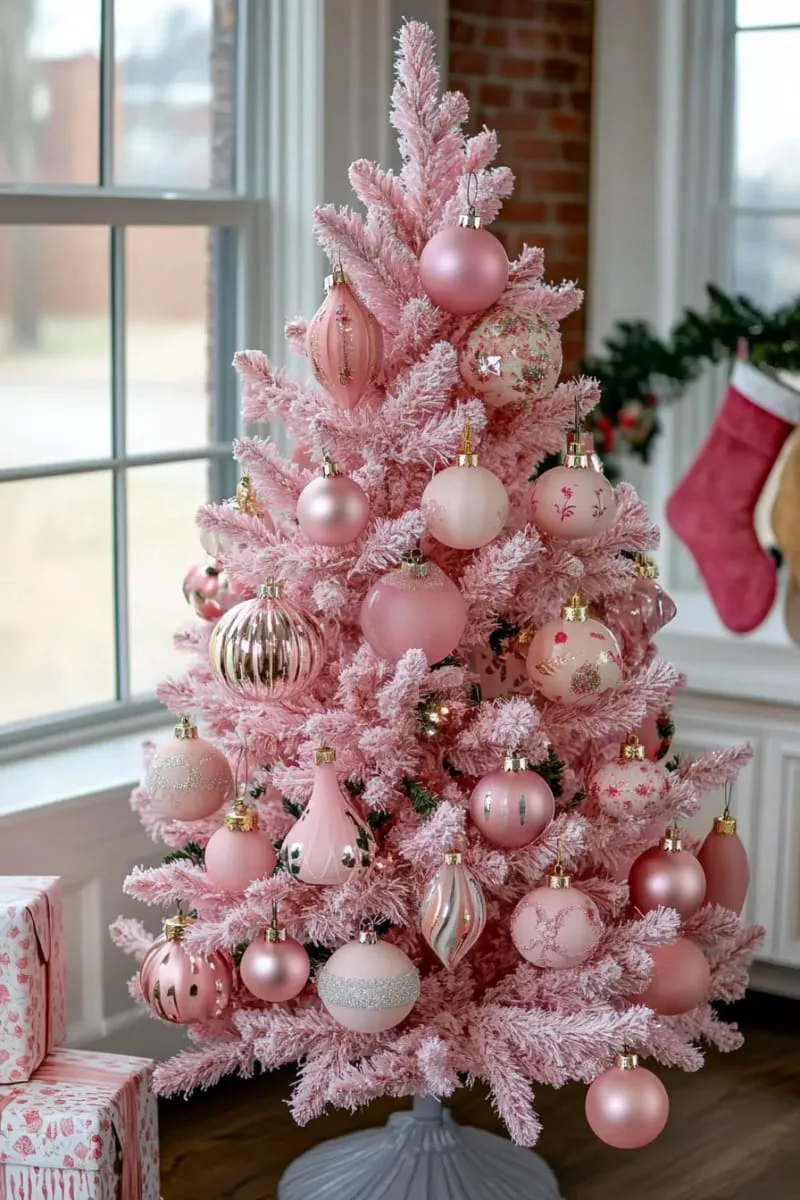 pink christmas tree decorated entirely with vintage glass ornaments 1