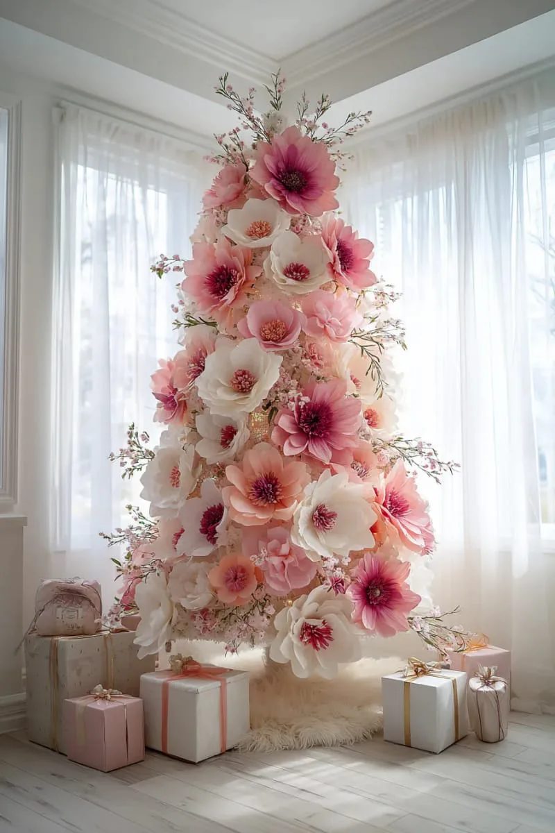 pink christmas tree featuring only large-scale paper flower decorations 1
