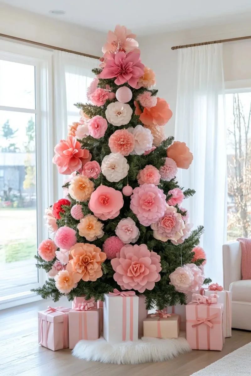 pink christmas tree featuring only large-scale paper flower decorations 1